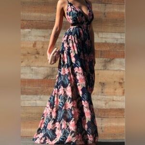 Pink Lily Navy Blue Hibiscus Print Spaghetti Strap Maxi Dress Women’s Sz M
